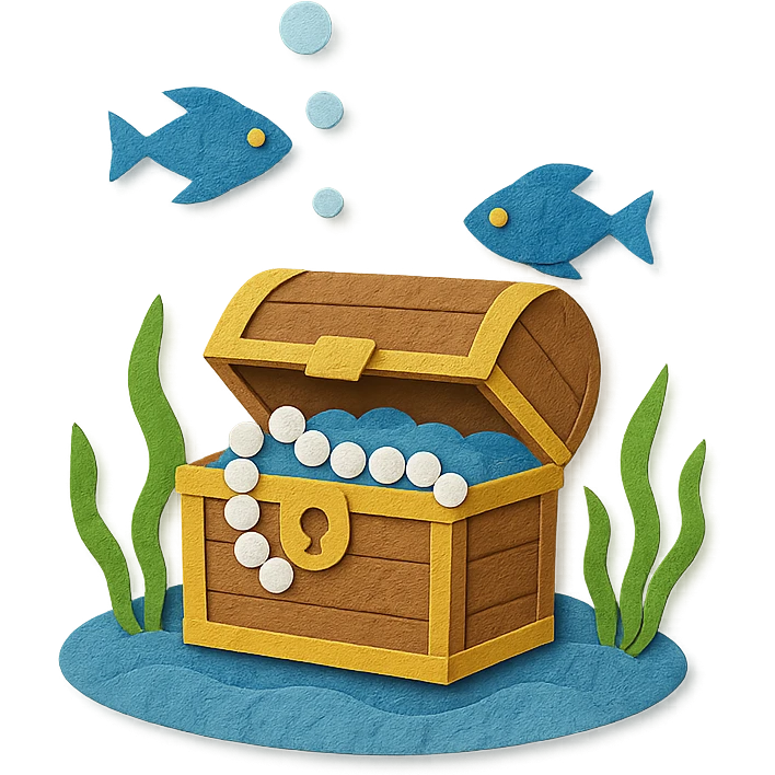treasure chest underwater with pearls, seaweed, and fish, layered paper effect, paper-craft style emoji