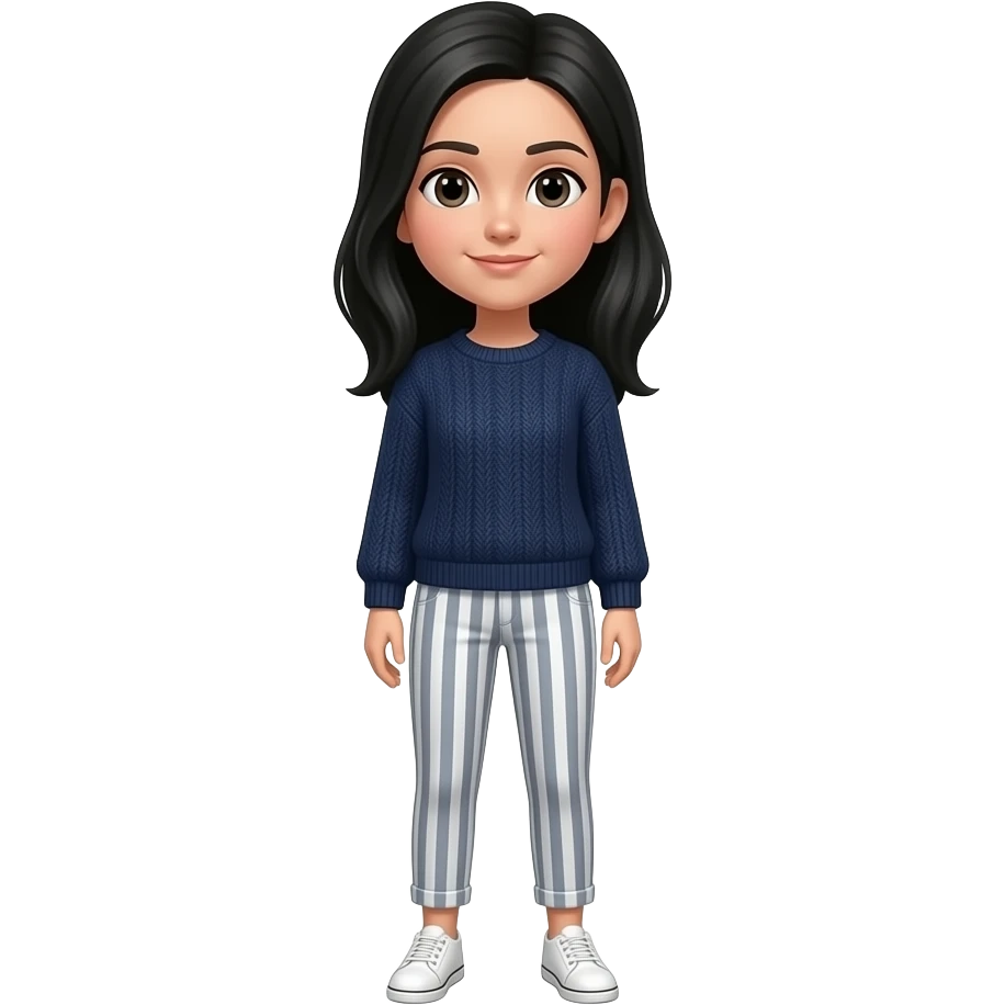 I want a girl standing with black hair down, dark blue sweater and striped grey and white pants and white shoes emoji