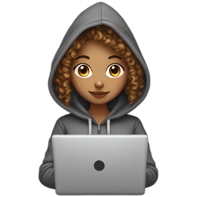 a west eastern tenage curly girl wearing a hoodie working on a laptop emoji