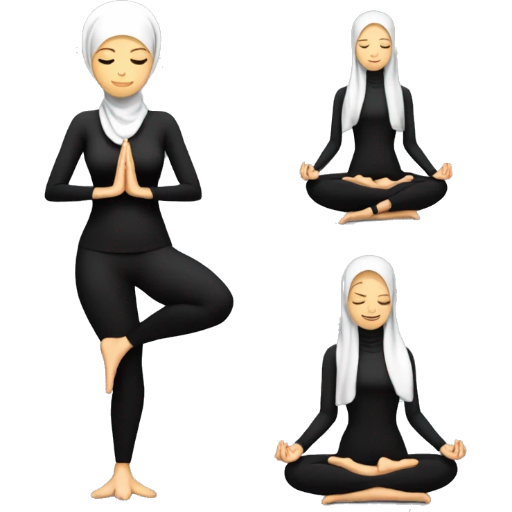 Slender woman in black suit and hijab for yoga with amulet sits in lotus pose with eyes closed emoji