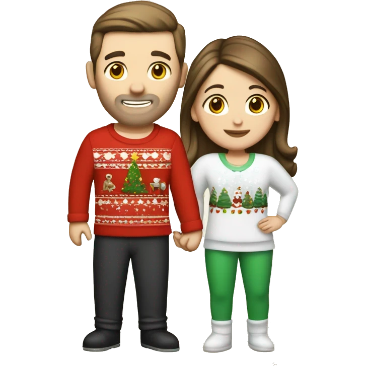 caucasian couple with brunette hair in Christmas pajamas ￼ emoji