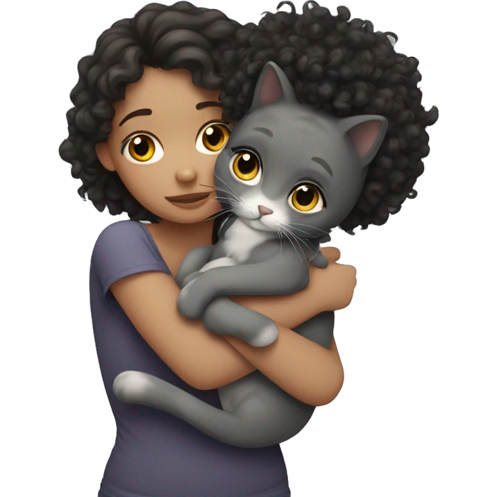 White Girl dark curly hair cuddling with grey cat emoji