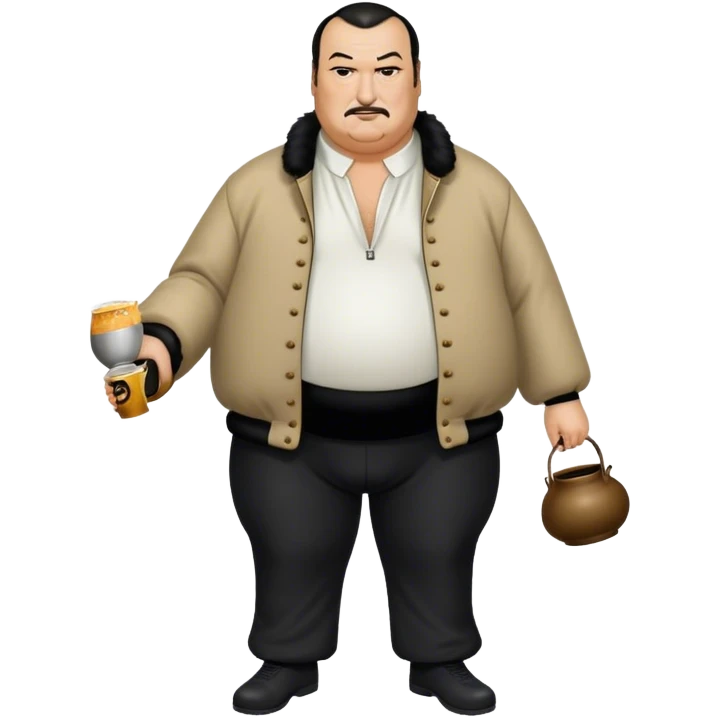 unhealthy steven segal full-body balding with ponytail. pot belly. jacket-with-tassles bblack pants big belly emoji