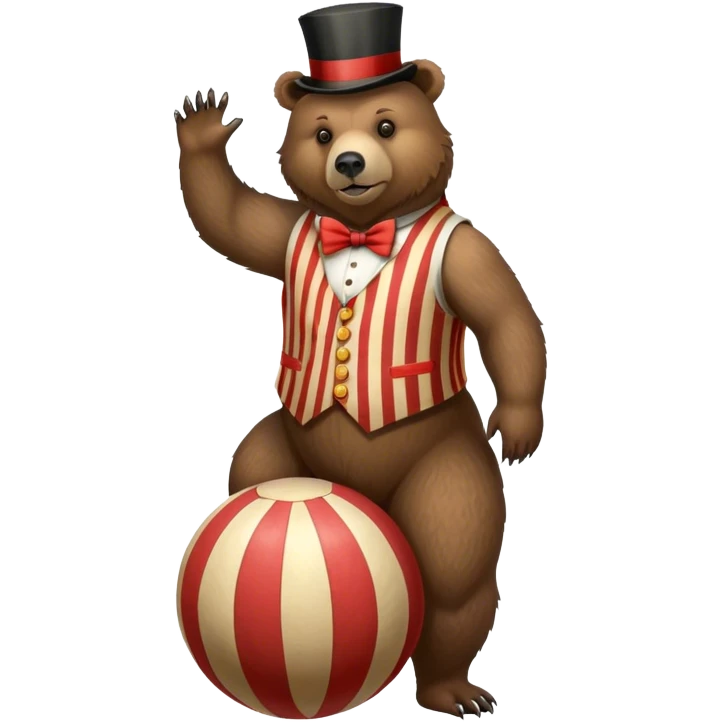 Vintage circus grizzly bear standing on striped ball wearing vest and top hat emoji