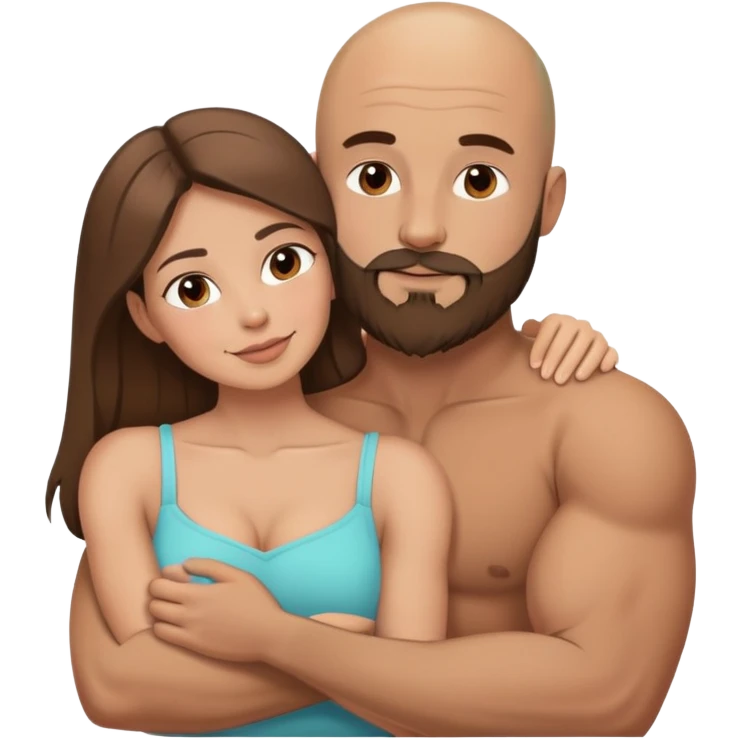 Beautiful light brunette cuddling her muscular bald beard husband emoji