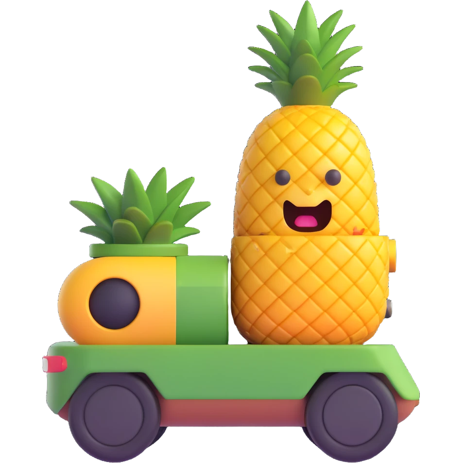 a pineapple in a tank commander outfit, peeking out of a cartoon tank hatch, 3D emoji style emoji