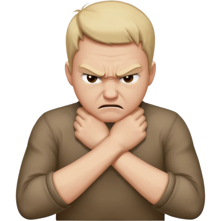 Grabbing throat with hands and looking angry with arms crossed and under chin, grabbing neck emoji
