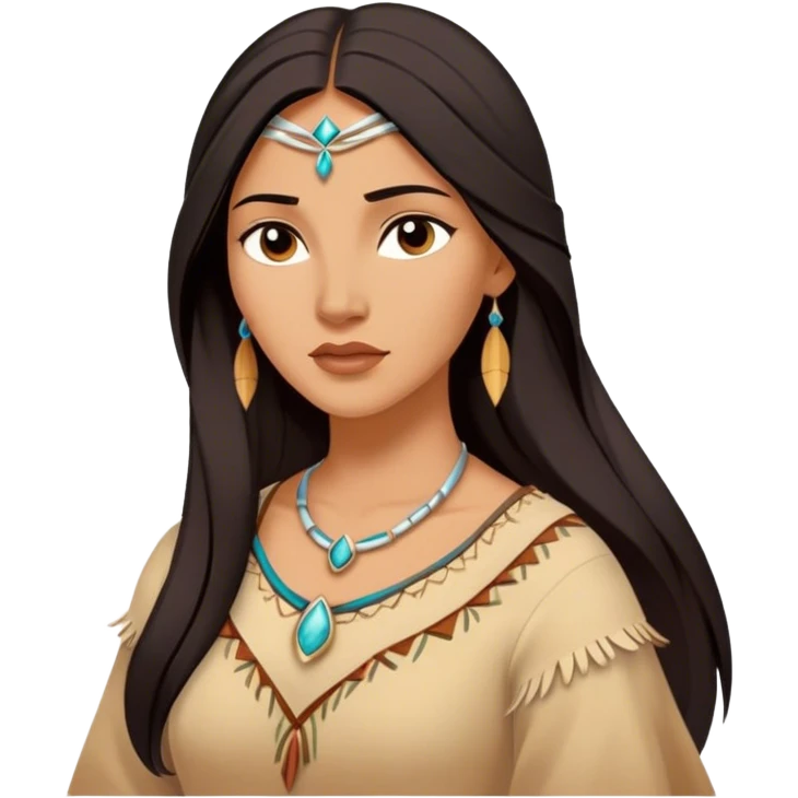 Cinematic Serene Pocahontas Portrait Emoji, rendered in a realistic, simplified vector style. Depict a gentle Pocahontas (chest and above) with warm, glowing skin, loosely flowing dark hair, and a calm, reflective expression, wearing modest traditional attire in earthy hues. The image is bathed in a soft, inviting glow with high shine and a soft glowing outline. emoji
