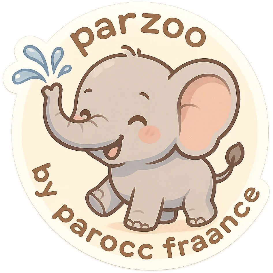 Logo avce un éléphant qui projette de l'eau avec au tour ( en rond ) écris : parzoo by paroc france  emoji