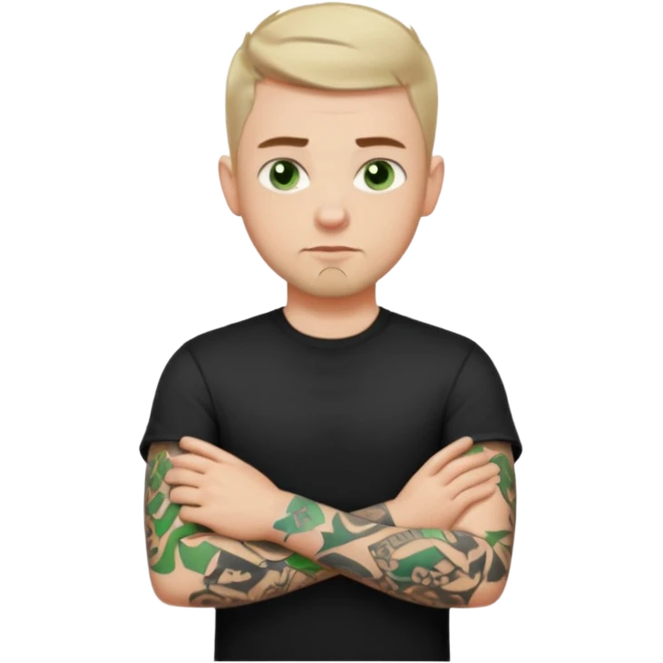 White young man with short dark taper fade hair cut and slight goatee and neutral expression with his arms folded. Green eyes and arm tattoos emoji