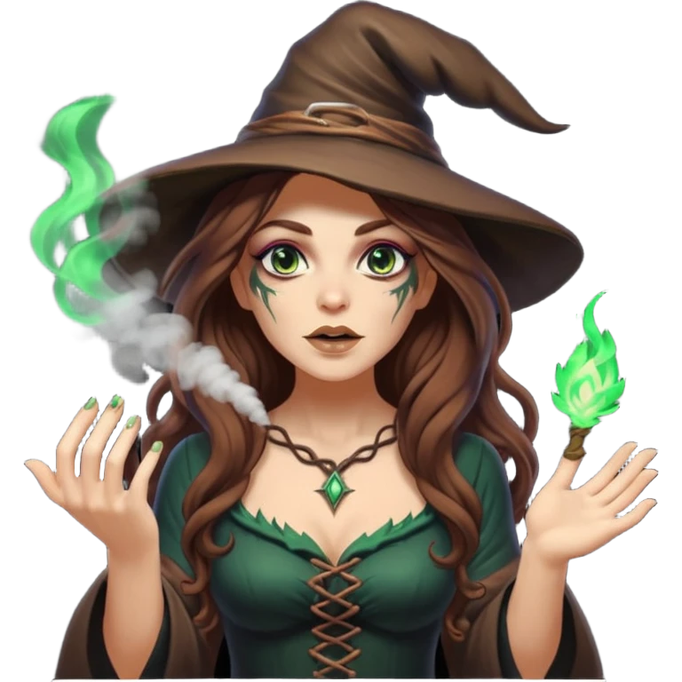 forest witch woman long wavy brown hair tattoos blowing glowing powder toward viewer emoji