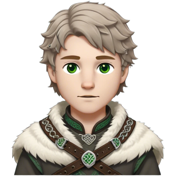 Medieval winter outfit worn by a DnD themed fantasy male character. Heavy charcoal wool tunic with arctic wolf fur lining, adorned with intricate iron clasps and a thick leather belt with celtic knotwork. Clothes only above the waist, full waist coverage. The character has no arms. Character is white-skinned with light brown hair, gray-green eyes, and short wavy hair dusted with winter's touch. emoji