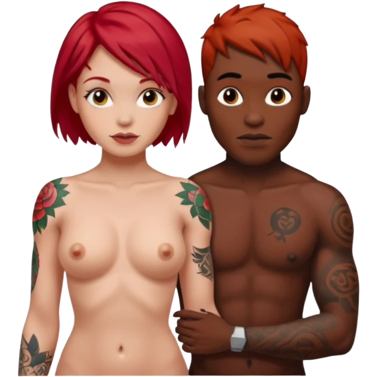 naked, tattoed female, red hair female, black male emoji