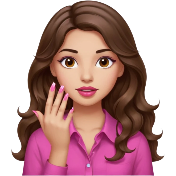 girl with long wavy brown hair, brown eyes, light to medium complexion, in a pink shirt, pink lips, long lashes, puckered lips,  painting long finger nails emoji