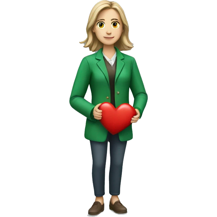 A European female teacher in a green jacket holds a heart in her hands emoji