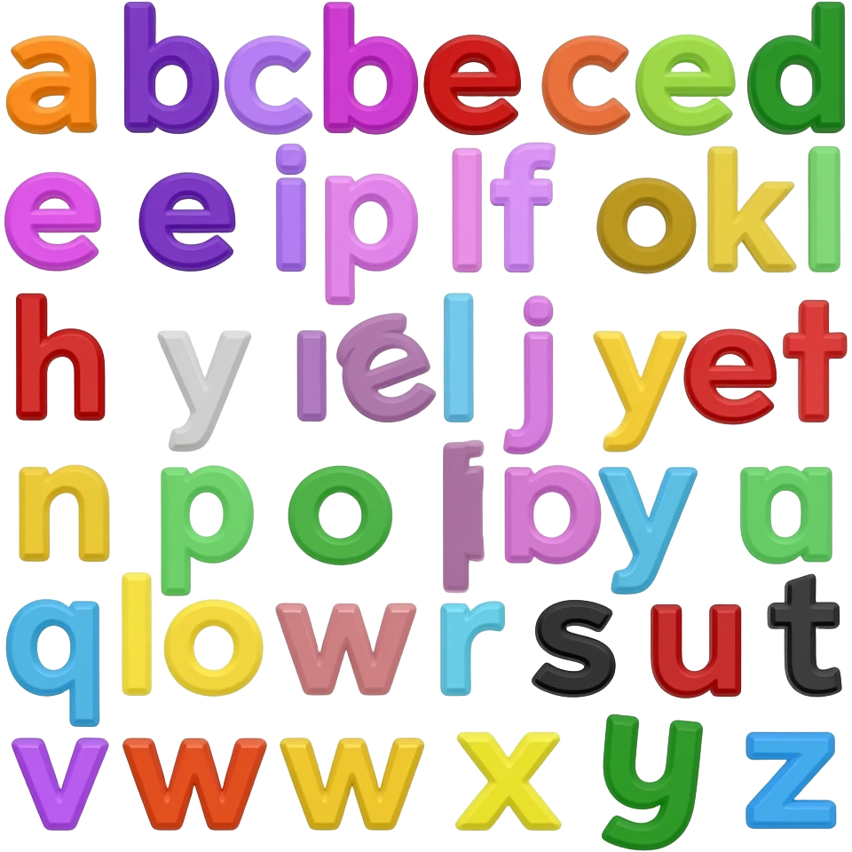 Orange a, purple b, red c, green d, purple e, purple f, brown g, yellow h, white i, red j, yellow k, black l, purple m, yellow n, green o, purple p, blue q, yellow r, purple s, black t, red u, purple v, orange w, yellow x, green y, and blue z emoji