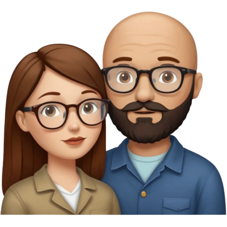 Couple. Bald man with dark brown-black beard. White woman with many small, faded freckles, she has white skin and she has auburn-brown-cinnamon, dark long hair. She has light brown eyes. The man have hazel eyes and glasses. She don’t wear glasses. Retro style. She kisses him. emoji