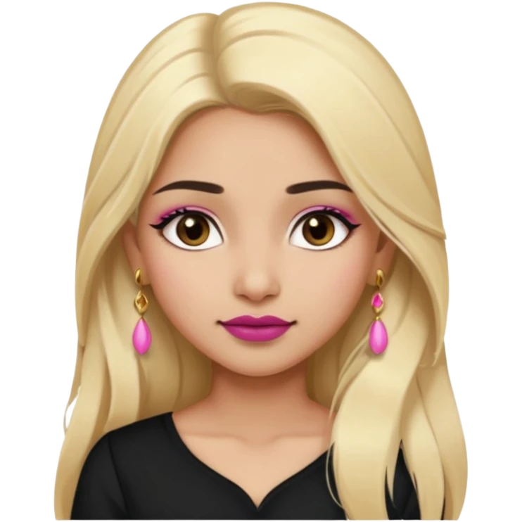 Sweet Indian girl blond long hair darkbrow  eyes brown/pink lipstick blush, black top gold earrings, brown eyebrows  emoji