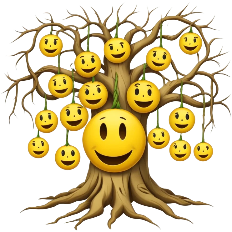 roots, tree, angry smiley faces hanging on branches emoji