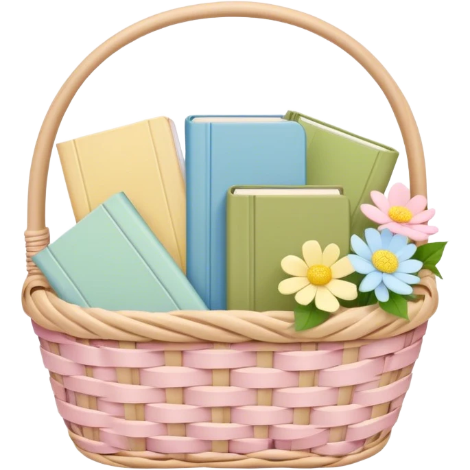 Pastel pink pastel yellow pastel blue and matcha colored books in a beige basket with flowers emoji
