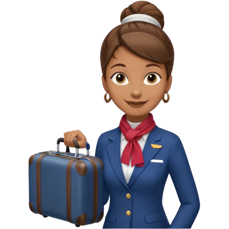 flight attendant, Light Brown skin, brown hair in single bun, neck scarf, suitcase emoji