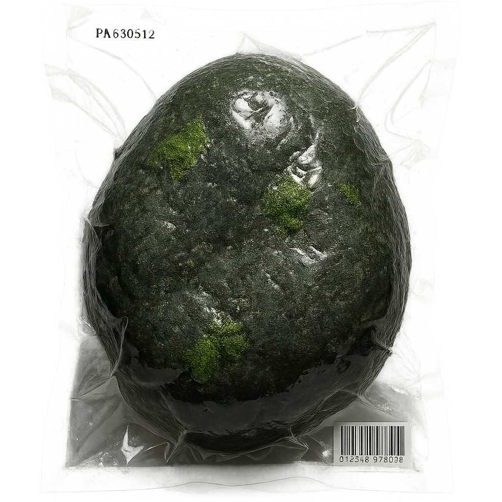 large stone with small patches of green moss, glossy and puffy emoji