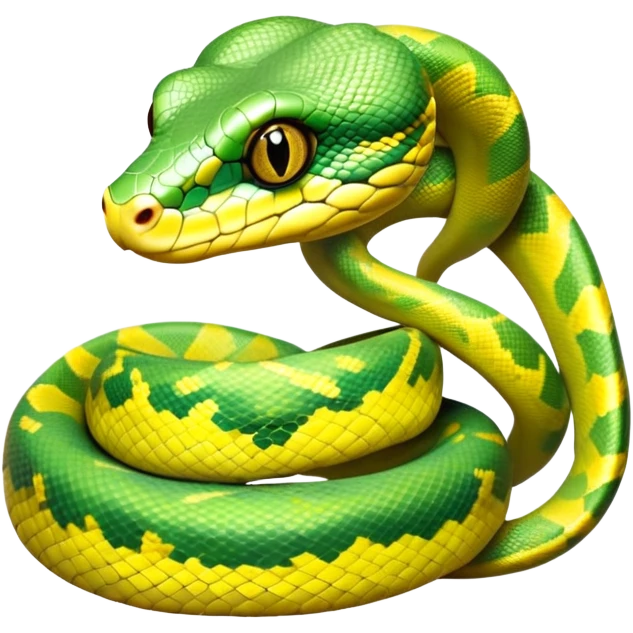 cinematic-green tree python-realistic-full-body-coiled-emoji,-thick-scaled-body-looped-tightly,-intricate-yellow and white-patterned-scales-reflecting-light,-head-tilted-dramatically,-cute-eyes-staring-calmly,-simplified-yet-realistic-focused-feature emoji