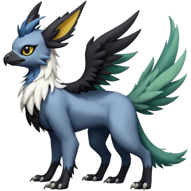 Dark-deep-colored gryphon-Trico-Nargacuga-Absol-Leafeon-Sprigatito-Silvally-fusion-hybrid with a long tufted tail, black beak, black claws, black tail, majestic, realistic, furry (full body) emoji