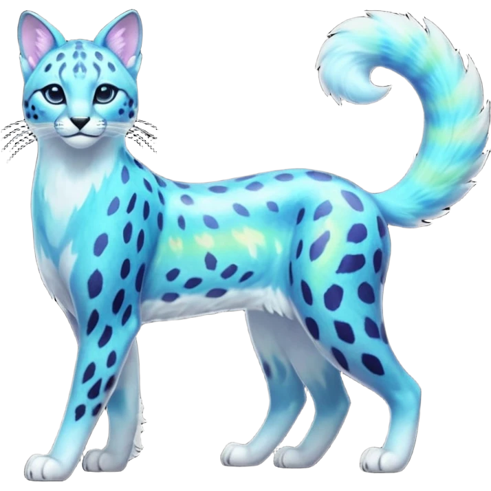 Colorful Iridescent Shiny Pastel Nebulae Glowing Neon Bioluminescent Bright Icy Elemental Pawny Majestic Elegant Thin Long Mature Realistic Liepard-Amaura-Litten-Sprigatito-Caracal-Lynx-Genet-Civet-Glaceon-Pokémon-fusion-creature (full body) emoji