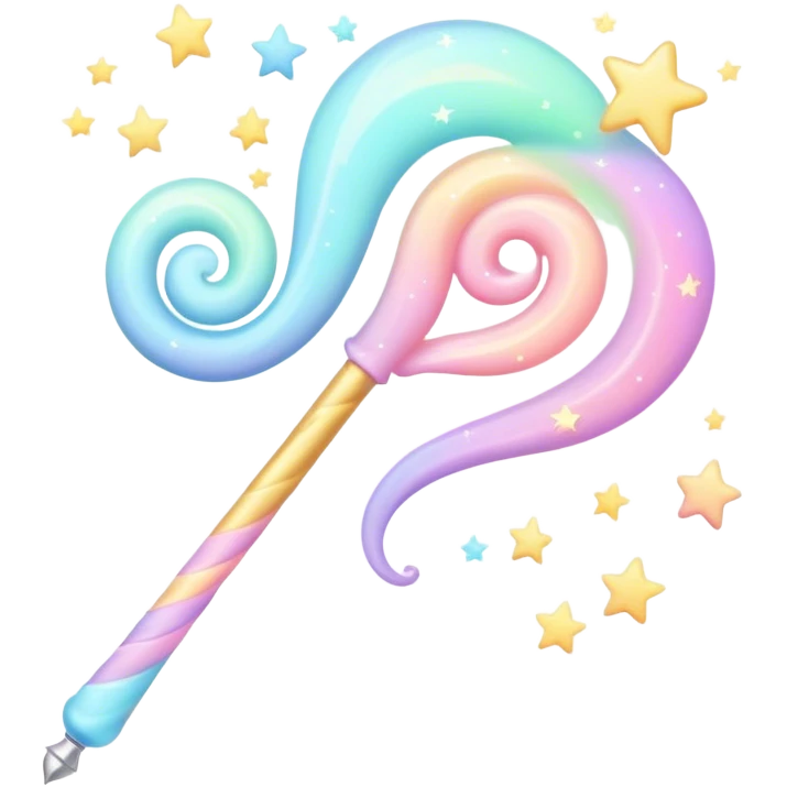 Cinematic cute magical wand, pastel swirls of color, tiny twinkling stars floating around, glowing softly, chubby rounded edges, whimsical and dreamy. emoji