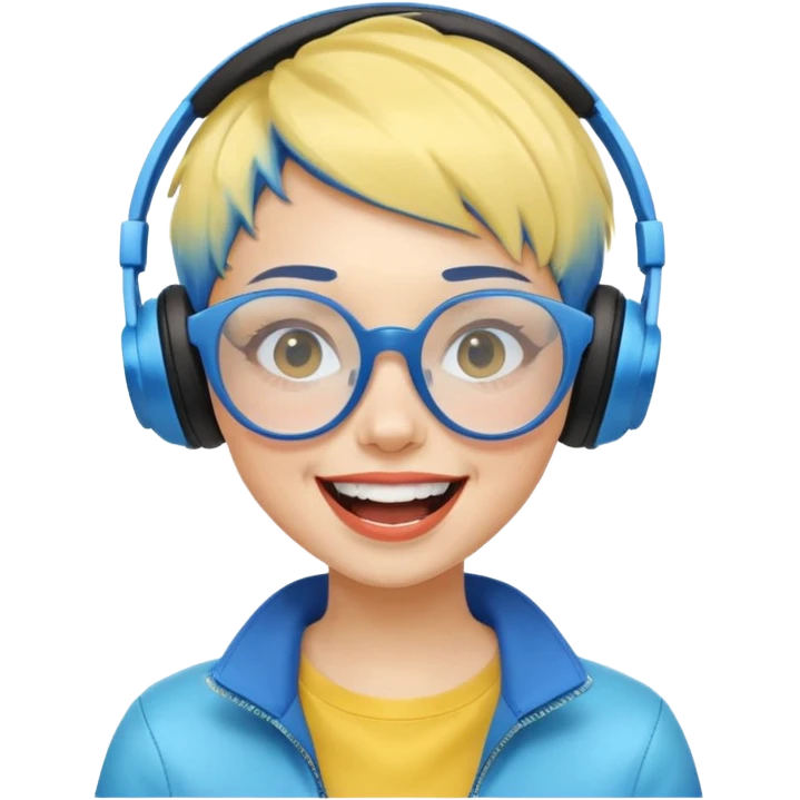 yellow-skinned girl with stylish blue ombre short hair, futuristic glasses, wireless headphones, laughing loudly emoji