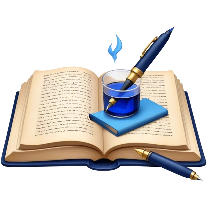 Create a vibrant emoji representing prose writing. The design should feature an open book with pages showing unfinished prose, a classic fountain pen or quill with black or dark blue ink, and an ink bottle (inkwell) next to it. The pages should have visible lines of text, but some should remain unfinished, symbolizing the creative process. Use warm, earthy tones like brown, gold, and cream for the book and background, with the ink and pen in black or dark blue. The emoji should convey the idea of storytelling, creativity, and the unfinished nature of literary work. Make the background transparent. emoji