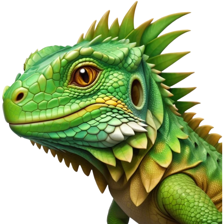 Cinematic Realistic Noble Iguana Portrait Emoji, Poised and commanding, with a robust, elongated body covered in intricately detailed, rough scales in vibrant shades of green with earthy brown accents, and a sharply defined head with piercing amber eyes, rendered with lifelike texture and natural light that accentuates every scale, high shine, intelligent and formidable, styled with an air of tropical authority, focused and attentive, soft glowing outline, capturing the essence of a watchful and confident iguana that appears ready to bask in the sun with effortless grace! emoji