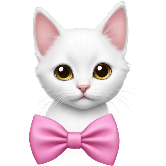 A white kitten wearing a pink bow tie emoji