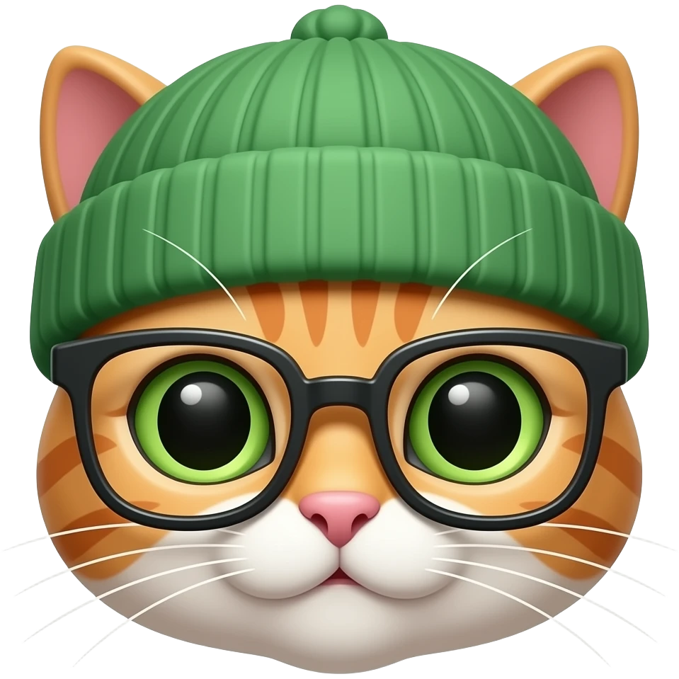 glassess wearing cat wearing green beanie, face emoji