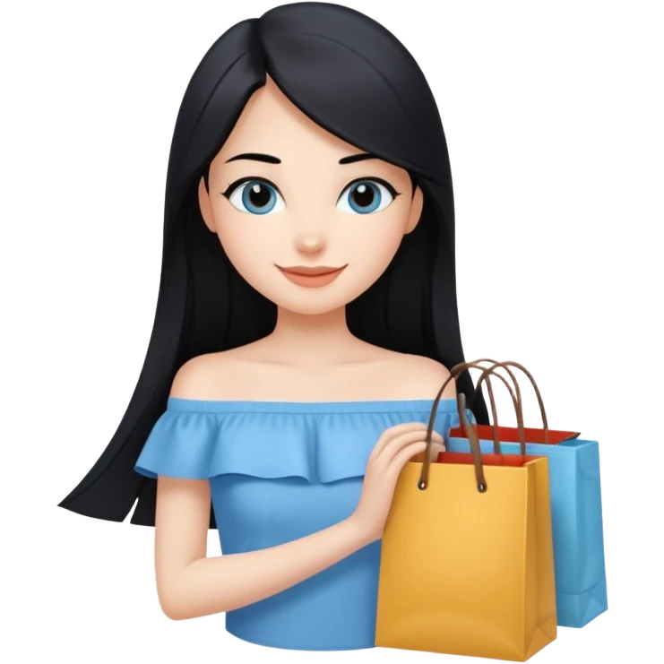 cewe ramah Kulit putih bersih, rambut hitam panjang sleek lurus. Pakai atasan biru muda off the shoulder . Pose tangan pegng belanjaan , tatapan senyum percaya diri. viber girls boss emoji
