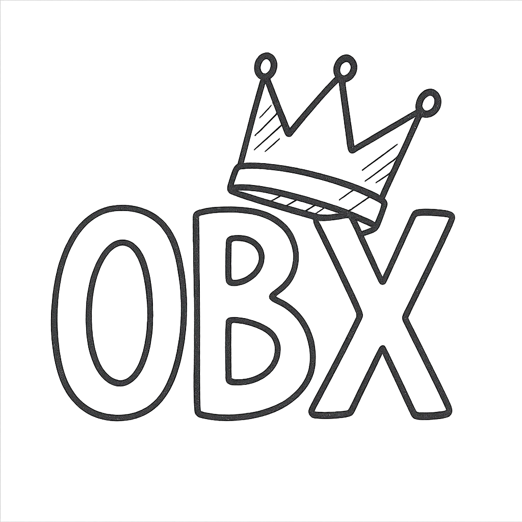 hand-drawn outlined style OBX letters with a tilted crown on top emoji