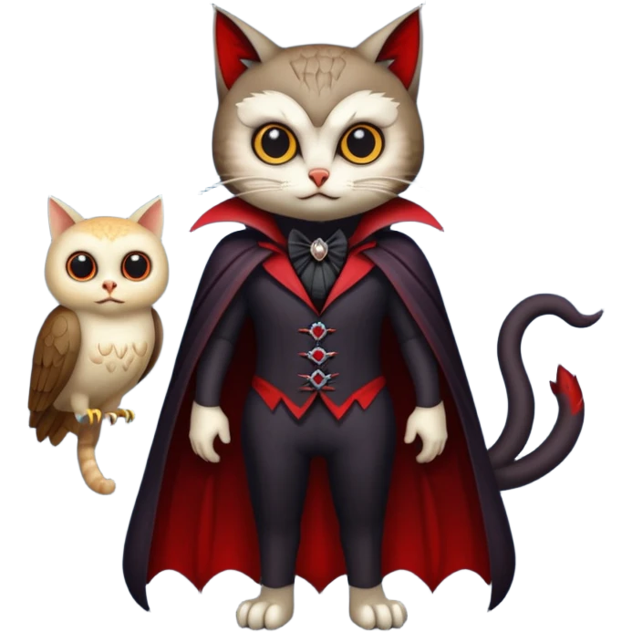 A animal with a Owl body cat head and tail full body vampire suit emoji
