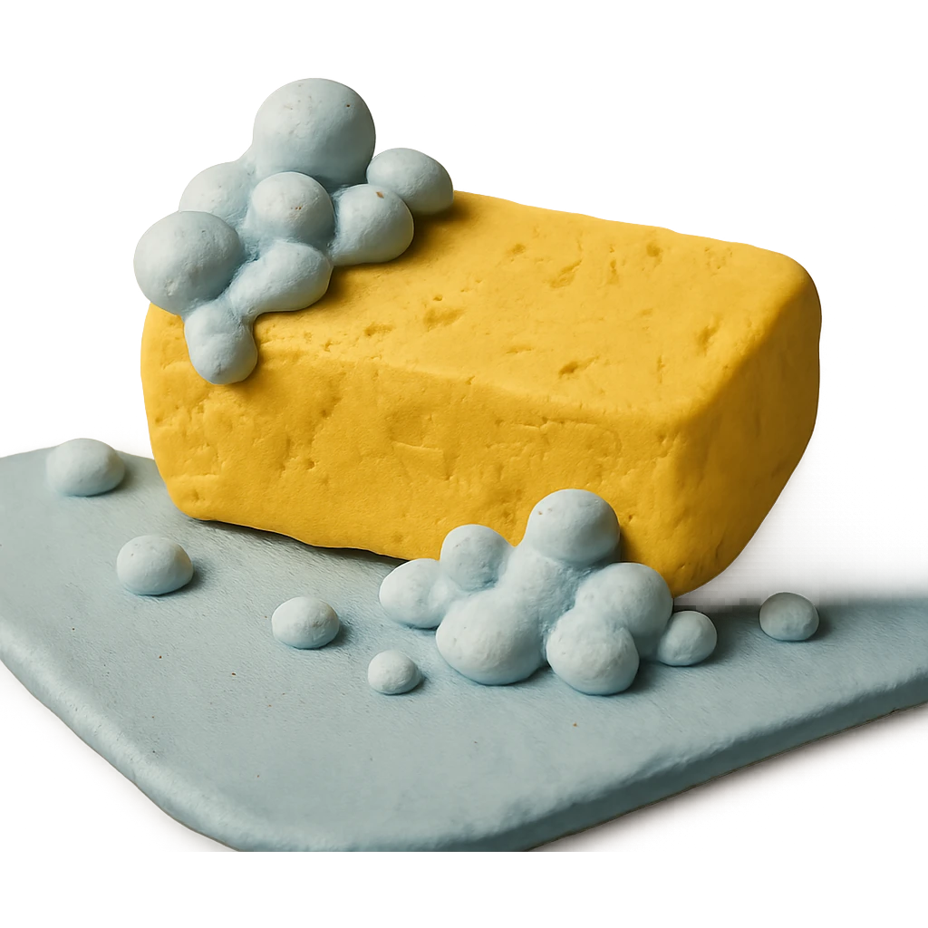 cleaning sponge with soap bubbles, pastel palette, visible clay texture in claymation style emoji