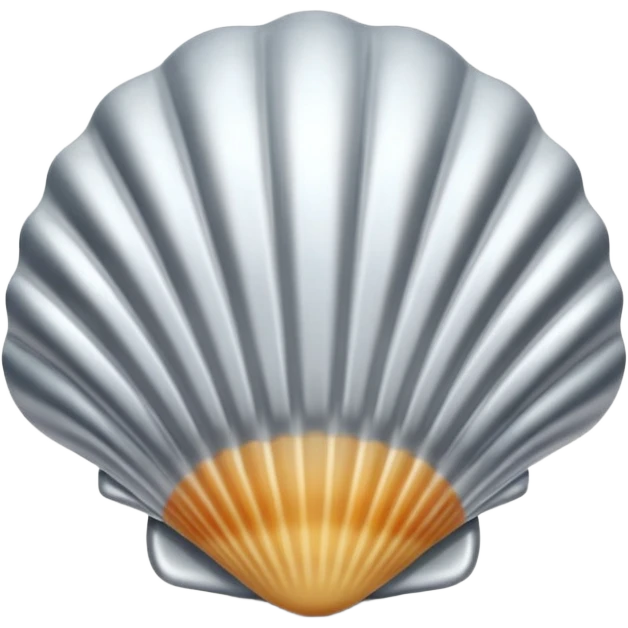 A seashell emoji made of polished silver chrome, smooth curved surface, reflective metallic highlights, elegant minimal design, iOS emoji style, centered, clean white background, soft lighting emoji