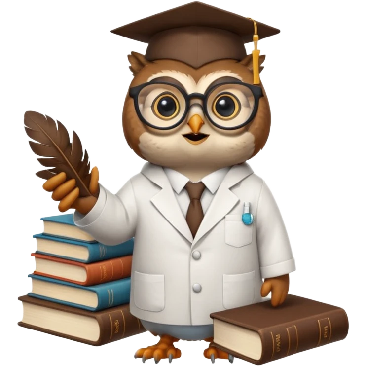 Wise owl with glasses, wearing a lab coat, perched on a stack of books. emoji