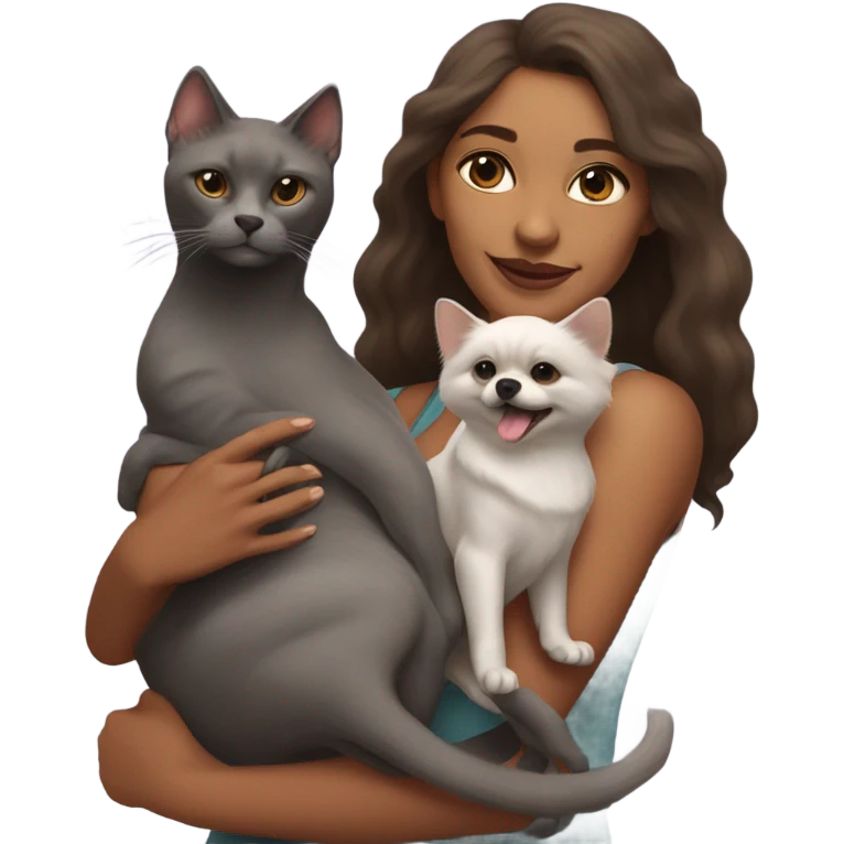 Woman in the right arm is holding a sphinx grey cat and in the left arm holding a Pomeranian dog emoji