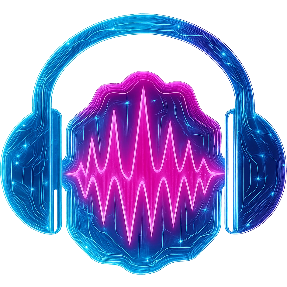 Transform the Audacity logo into a cyberpunk, holographic style with glowing neon blue and pink edges. Add intricate circuit patterns throughout the headphones and waveform, maintaining the recognizable shape of the headphones and waveform. Overlay neon and circuit effects in a futuristic, clean cyberpunk style with a consistent glow and intricate circuit details. The background should be transparent to highlight the holographic neon effect. emoji