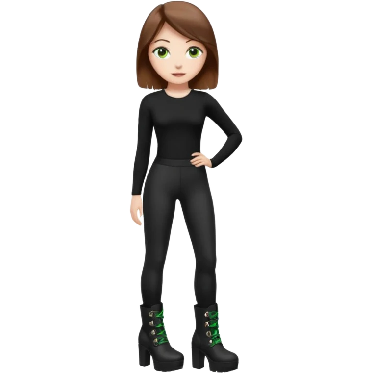 Create a Mistress with brown hair, green eyes, platform boots and black leggings and top emoji