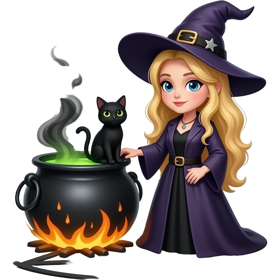 Witch with blonde hair, cauldron, pentagram, black cat, baphomet emoji
