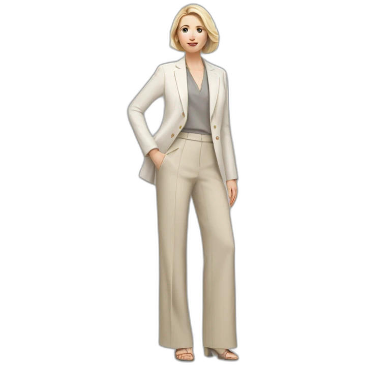 Full height Actively gesturing with hands pale skin woman with ash blonde Straightened bob Hair, White Spacious classical jacket, beige palazzo Arrow pants and gray blouse emoji