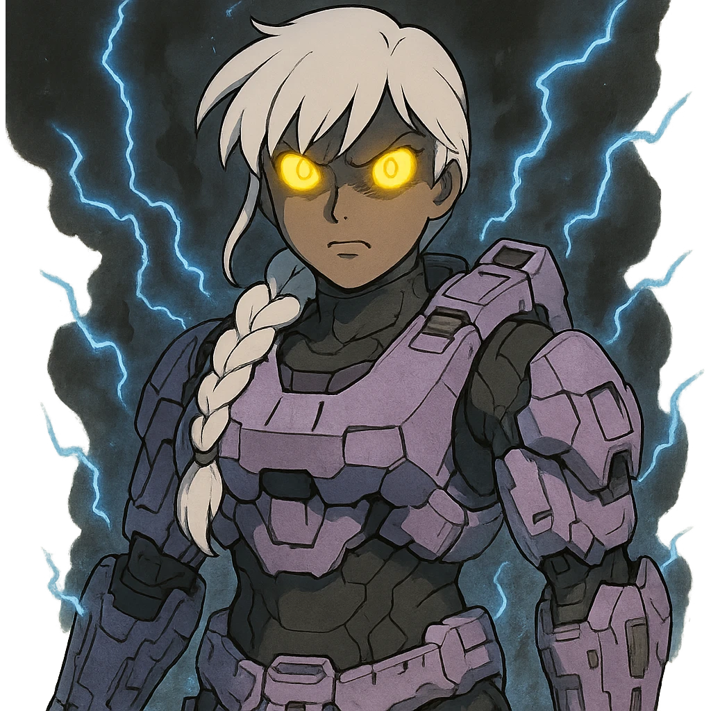 female, wearing reach spartan armor shoulder-unequip, long white braid hair with massive messy front side single bangs, gold yellow eyes, attention pose, D-cup size, HALO:series, no helmet, the armor is lavender color scheme, eyes glowing, demon eye, gleam, rage aura, body steaming dark gray, blue electricity emoji