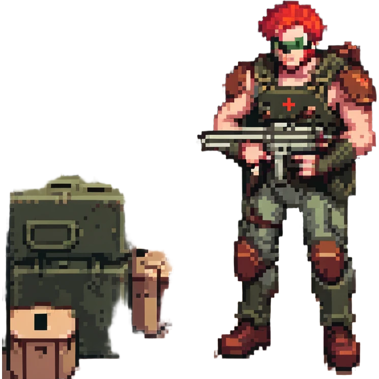 a SNES box art image of a man in military gear disarming a IED inside of a toolshed, dramatic single overhead lamp, he has red hair and a face like retro doomguy emoji