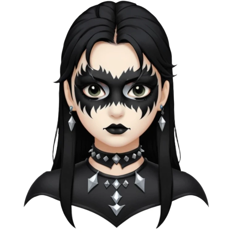Crea una ragazza con stile black metal,  paint face black metal, capelli neri mossi dalle spalle e occhi bianchi e un collare con borchie a punta emoji