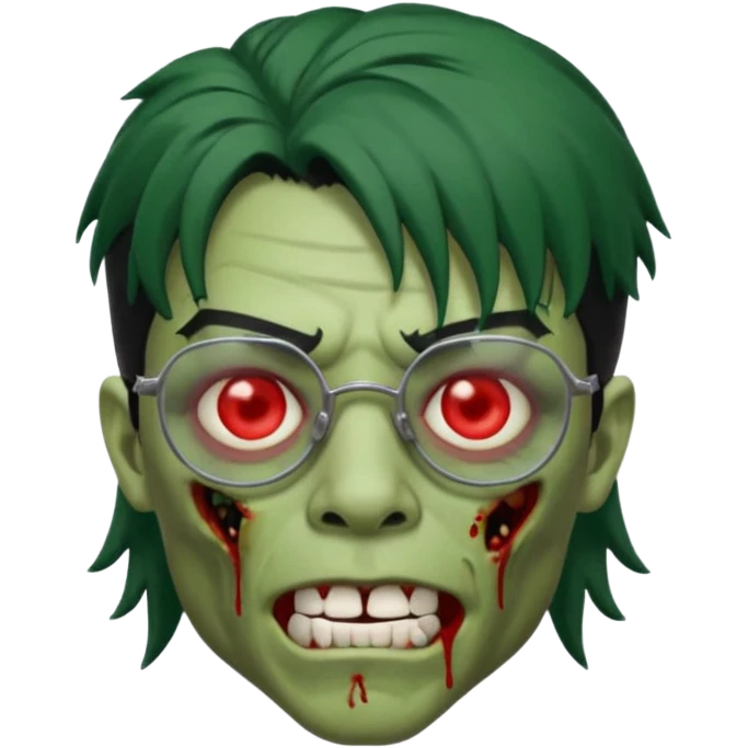 homem zumbi de óculos mullet piercing na boca piercing nas duas sobrancelhas duas orelhas giradas trágus esquerdo furado cabelo preto com muita olheira deixar pele dele verde dentes brancos e olhos vermelhos e ensanguentados emoji